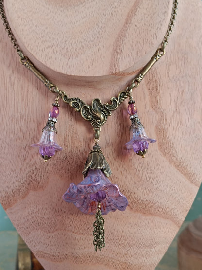 Collier Trio de Fleurs  Lucite Vintage Perles Tchèque Bronze