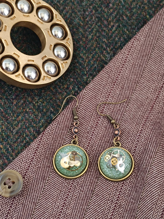 Boucles d'oreilles pendantes Steampunk rondes - Connecteur cuivre 3,5cm