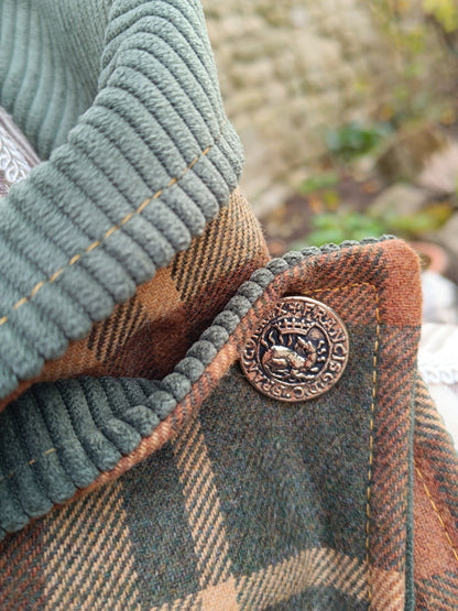 Tour de cou tartan écossais doublé de velours côtelé kaki bouton dragon vintage