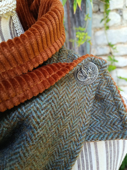 Tour de Cou Tweed Celtique Bleu Doré Velours Côtelé Marron Roux Bouton Vintage Dragon Fabrication Française