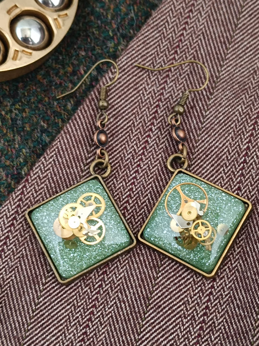 Boucles d'oreilles pendantes Steampunk losange - Connecteur cuivre 4cm