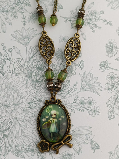 Collier Fillette et Plante Carnivore - Cabochon Unique