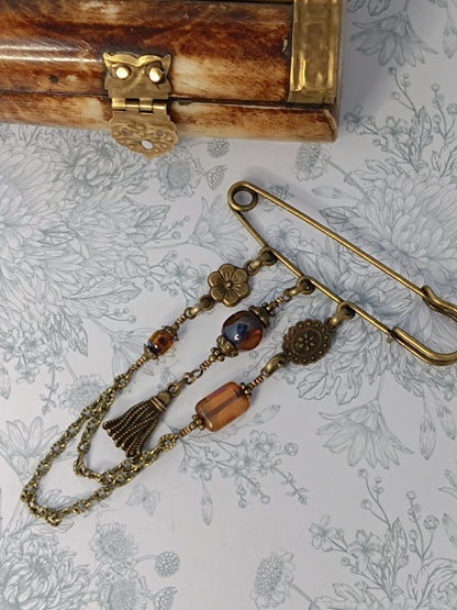 Broche Épingle Chaînette Perles Verre Tchèque Ambre - Bronze Antique Artisanal