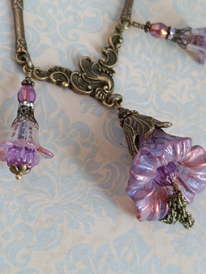 Collier Trio de Fleurs  Lucite Vintage Perles Tchèque Bronze