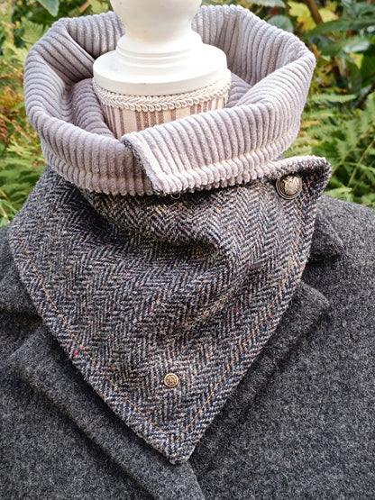 Cache col Tweed Velours - Bouton Vintage Argenté