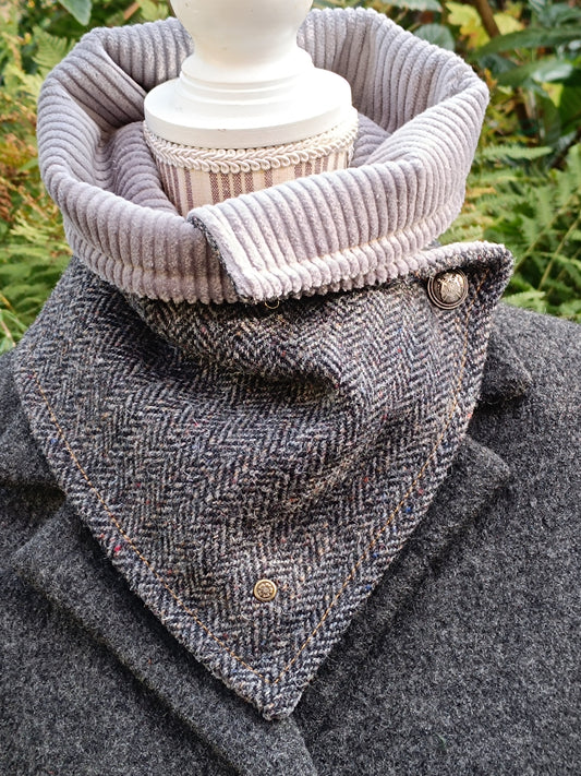 Cache col Tweed Velours - Bouton Vintage Argenté