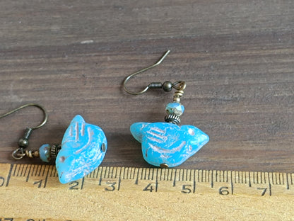 Boucles d'oreilles Oiseaux Verre Tchèque Bohème Nature Folk Bronze Antique