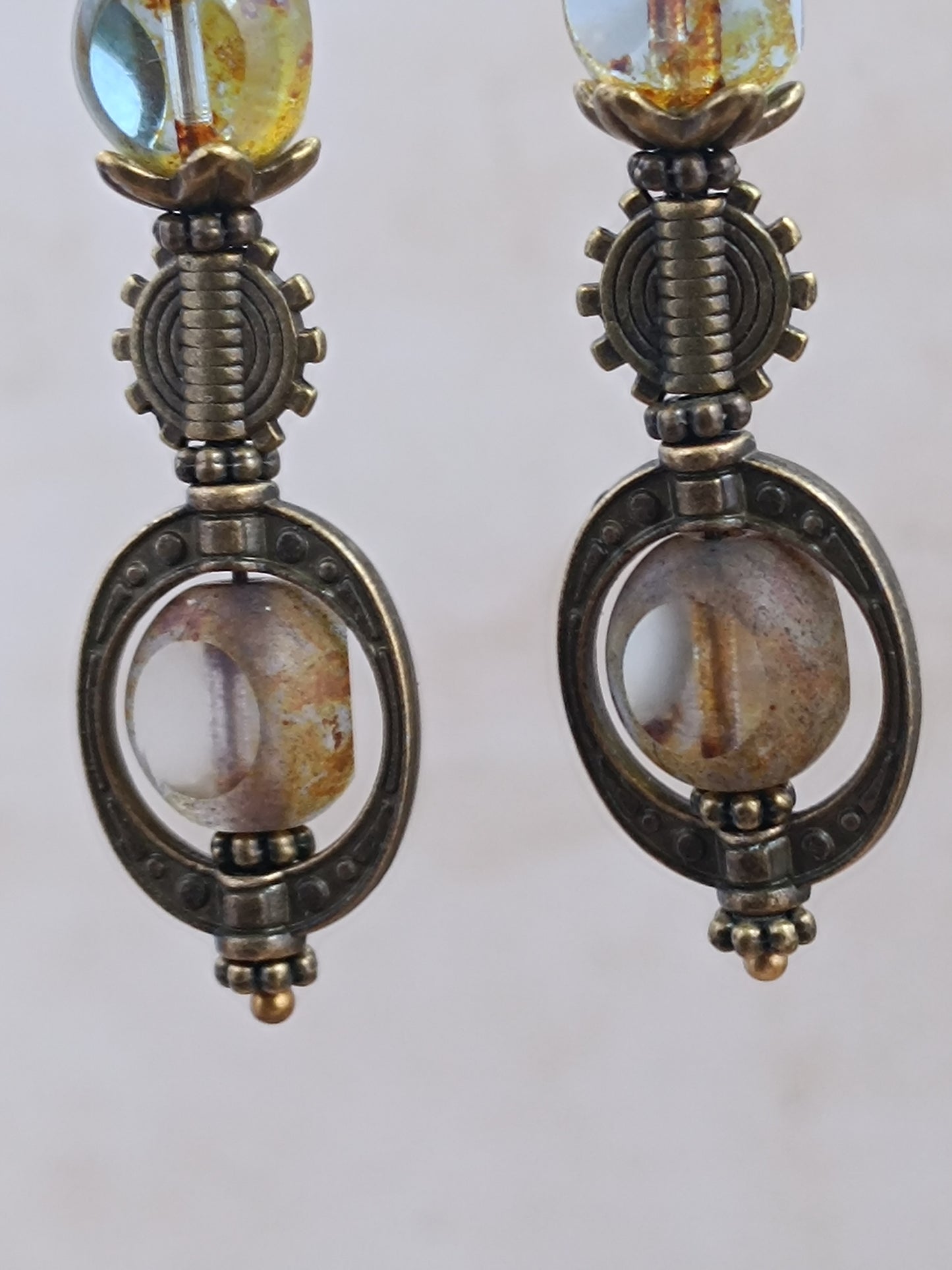Boucles Oreilles Steampunk Néo-Victoriennes Verre Tchèque Bronze Antique
