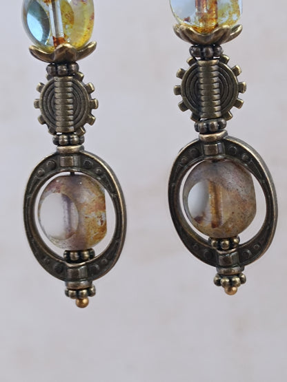 Boucles Oreilles Steampunk Néo-Victoriennes Verre Tchèque Bronze Antique