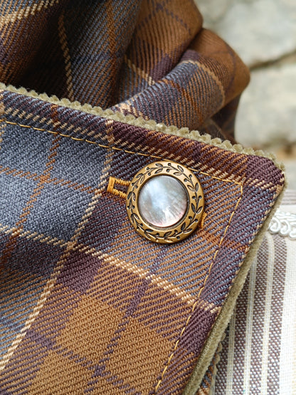 Tour de cou tartan pure laine velours côtelé kaki et bouton vintage métal et nacre