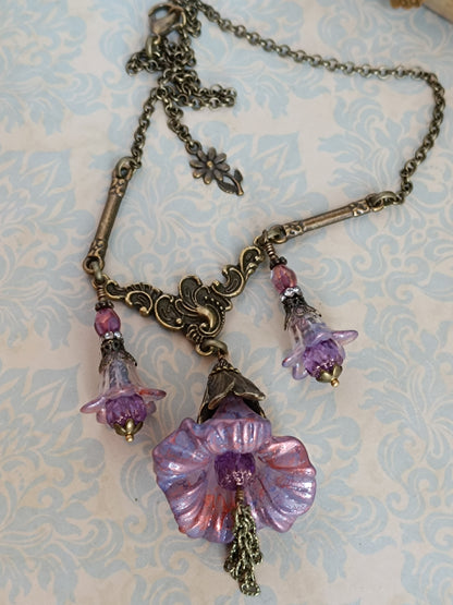 Collier Trio de Fleurs  Lucite Vintage Perles Tchèque Bronze