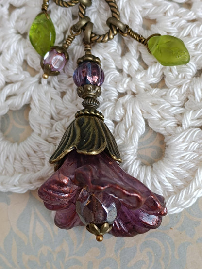 Sautoir Fleurs Féeriques - Lucite Vintage Perles Tchèque Bronze
