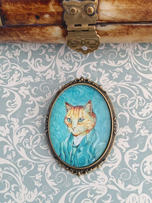 Broche Chat Dandy Van Gogh - Cabochon Bronze Étoilé