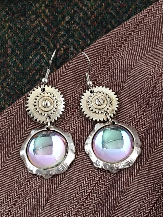 Boucles d'oreilles Steampunk miroir verre tchèque - Rose des vents argenté