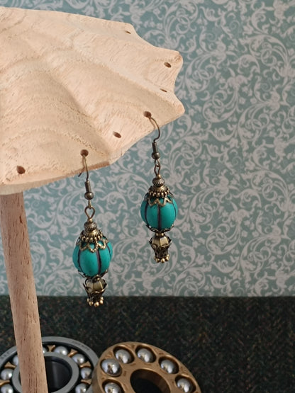 Boucles d'oreilles Steampunk montgolfière turquoise - Perles verre tchèque