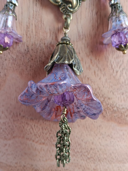 Collier Trio de Fleurs  Lucite Vintage Perles Tchèque Bronze