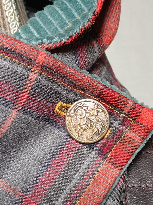 Tour de cou tartan laine velours côtelé bleu - Bouton bucolique oiseau