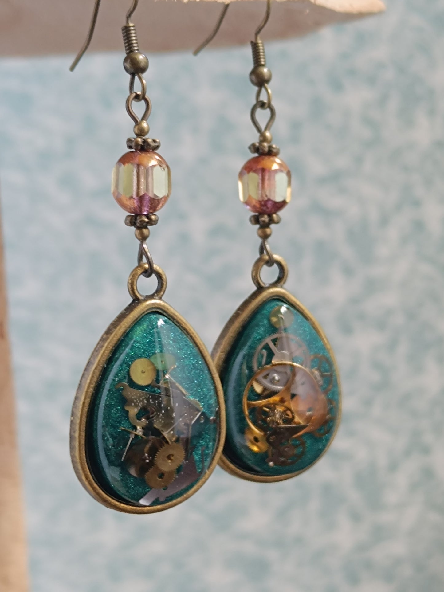 Boucles d'oreilles pendantes Steampunk gouttes - Perles verre tchèque 5cm