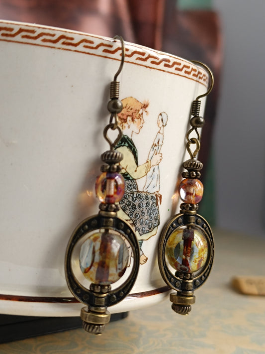 Boucles d'oreilles pendantes bohème perle de verre tchèque Saturne