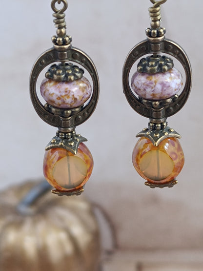 Boucles Oreilles Pendantes Bohème Néo-Victoriennes Verre Tchèque Bronze Antique