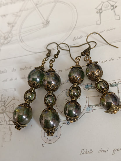 Boucles d'Oreilles Pendantes Sablier Vert Steampunk Verre Tchèque Grand Modèle 5 cm
