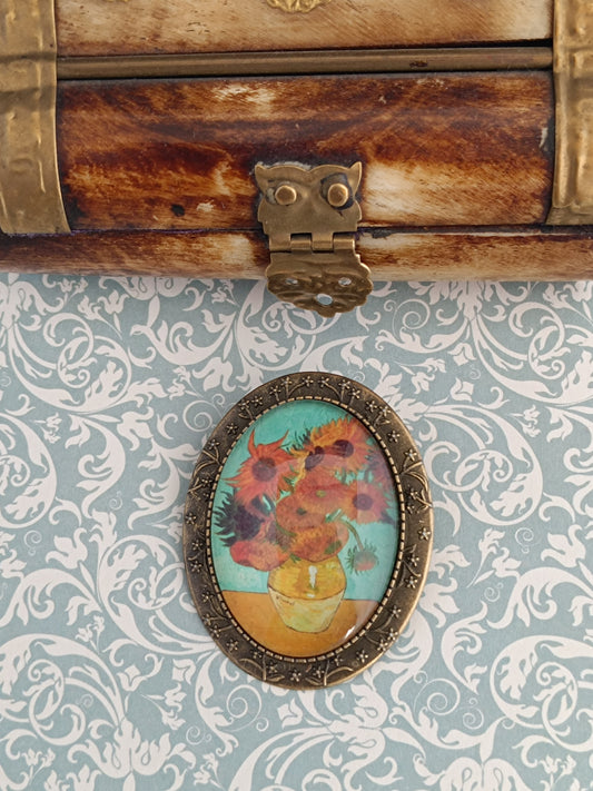 Broche cabochon verre hommage à Vincent Van Gogh les tournesols