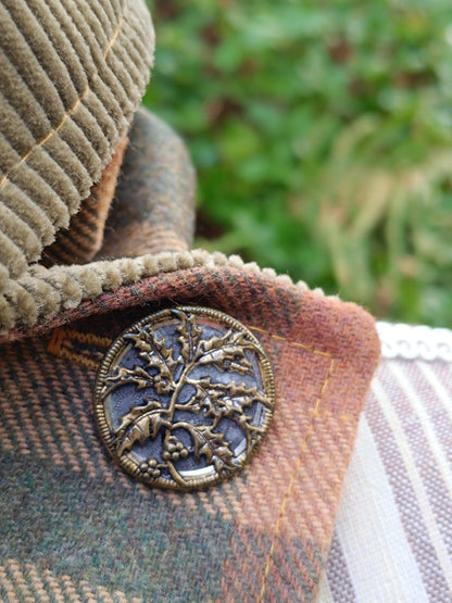 Tour de cou tartan écossais doublé velours vert mousse et bouton de collection vintage houx