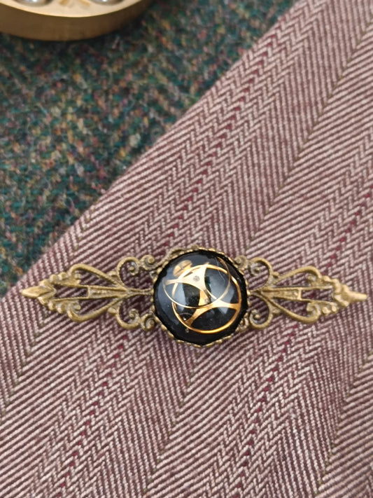 Broche Épinglette Steampunk Cabochon Noir - Résine Époxy Bronze Antique