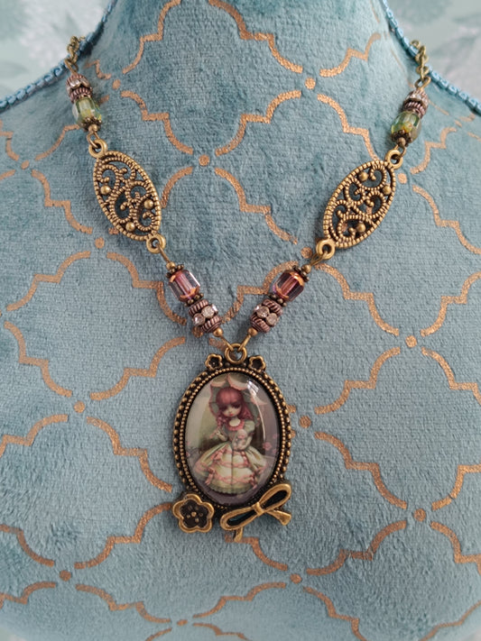 Collier Alice et Lapin Blanc - Cabochon Bronze Antique