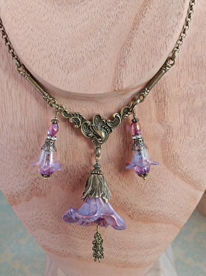 Collier Trio de Fleurs  Lucite Vintage Perles Tchèque Bronze