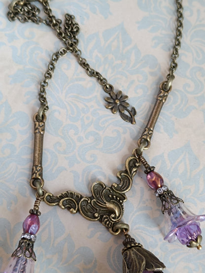 Collier Trio de Fleurs  Lucite Vintage Perles Tchèque Bronze