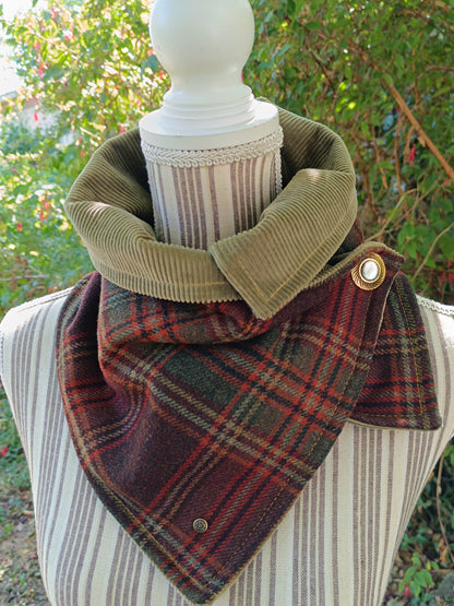 Tour de cou tartan écossais doublé velours côtelé bouton vintage métal nacre