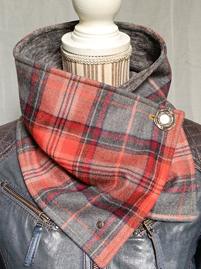 Tour de cou tartan laine doublé polaire - Bouton métal nacre et détail bronze